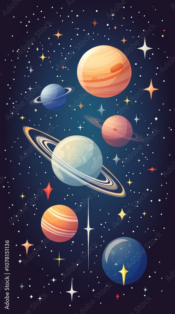 Naklejka premium A colorful illustration of planets and stars in a cosmic scene.