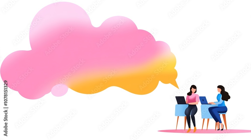 Two Women Engaged in Creative Brainstorming Session with Colorful Thought Bubble Illustrating Ideas and Inspiration in Modern Workspace Environment Two Women Engaged in Creative Brainstorming Session with Colorful Thought Bubble Illustrating Ideas and Inspiration in Modern Workspace Environment