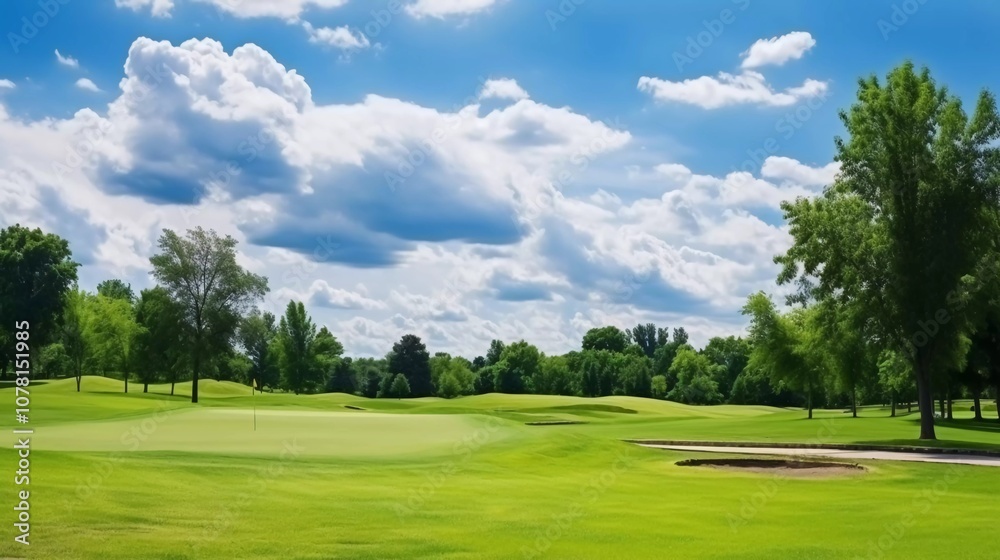 A scenic golf course under a bright blue sky with fluffy clouds and lush green grass. A scenic golf course under a bright blue sky with fluffy clouds and lush green grass.