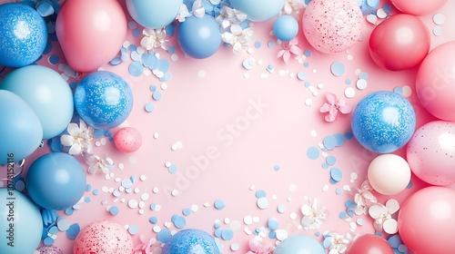 Golden and pastel balloons border on pastel background