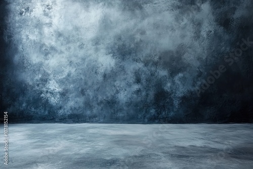 A dark blue concrete wall with a spotlight shining on the floor.