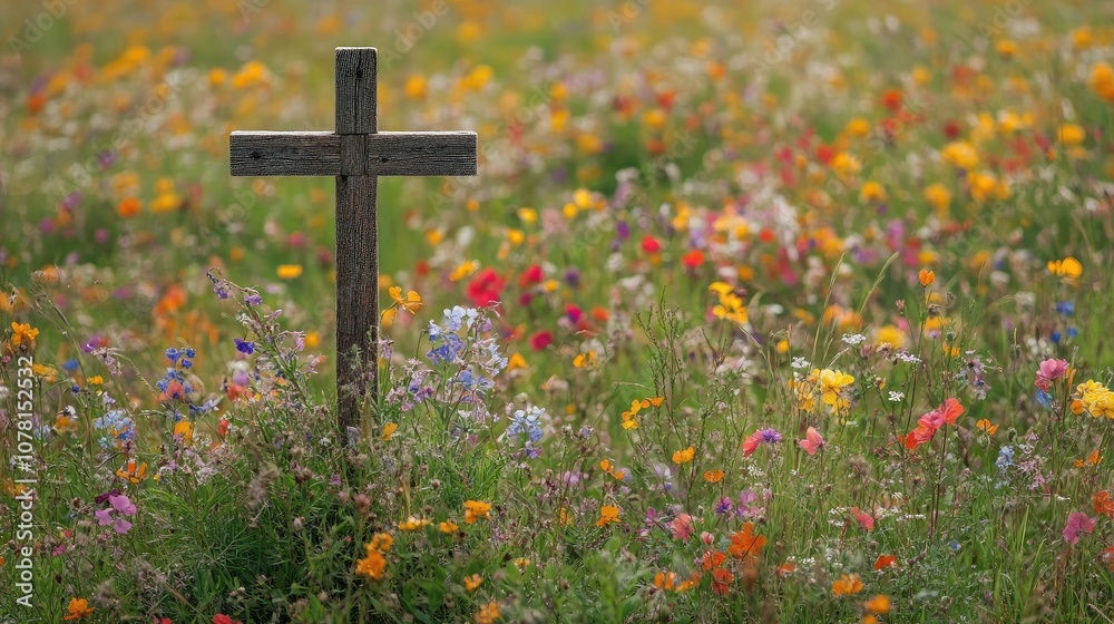 Cross in a field of wildflowers, symbolizing life and hope, with ample room for text Cross in a field of wildflowers, symbolizing life and hope, with ample room for text