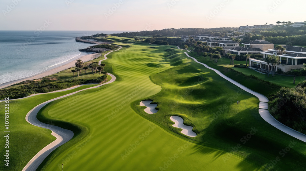 Fototapeta premium Aerial view of a coastal golf course with green fairways, sand bunkers, and clubhouse buildings. The course is adjacent to a sandy beach with gentle ocean waves and lush greenery.