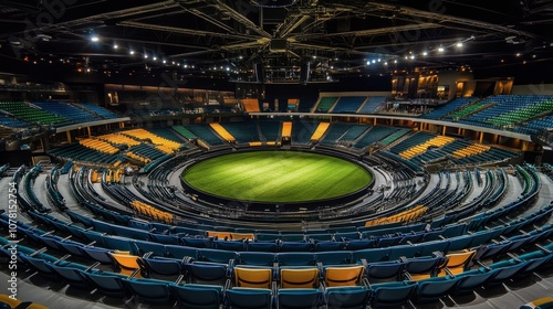 Indoor Sports Arena with Empty Seats and Green Field