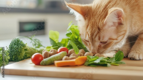 Cat Eating Vegan Food with Vegetables Close-up of a ginger cat eating vegan cat food alongside fresh vegetables like broccoli, spinach, and carrots on a kitchen counter