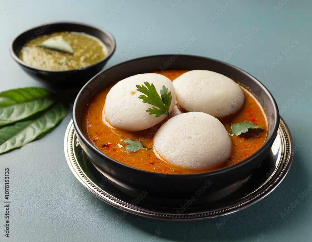 Idly sambar or Idli with Sambhar and green, red chutney Idly sambar or Idli with Sambhar and green, red chutney
