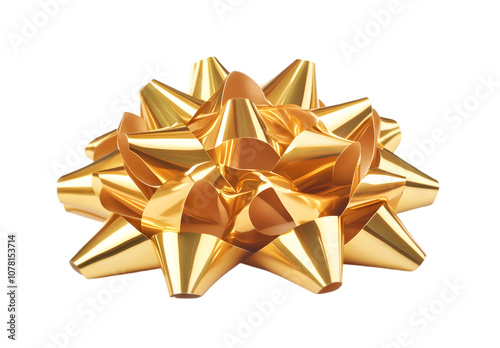 Shiny golden gift bow with textured ribbon loops isolated on transparent background, png.