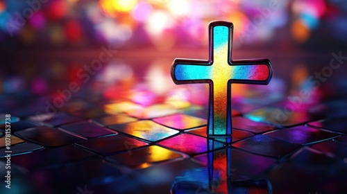 Cross in stained glass window with vibrant colors, with space for inspirational text