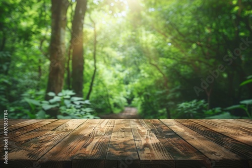 Wood table with nature background for advertising product placement. photo