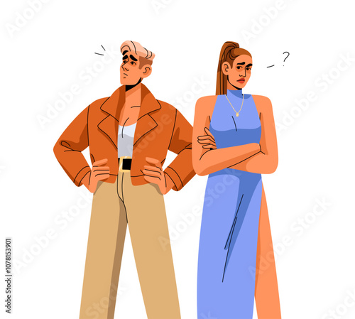 Couple thinking about problems in relationships. Thoughtful people with troubles with communication. Doubt, sad characters misunderstanding each other. Flat isolated vector illustration on white