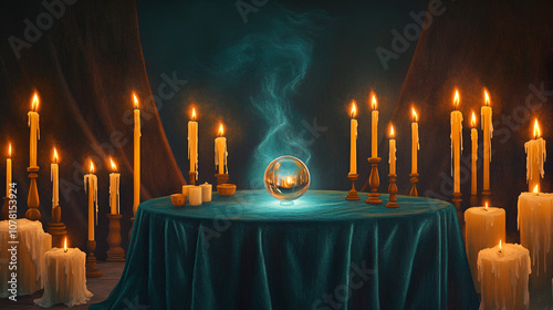 A seance table covered in a velvet cloth, with candles flickering and a crystal ball at its center, evoking a sense of mystery and spiritual exploration. Crystal Ball. Illustration photo