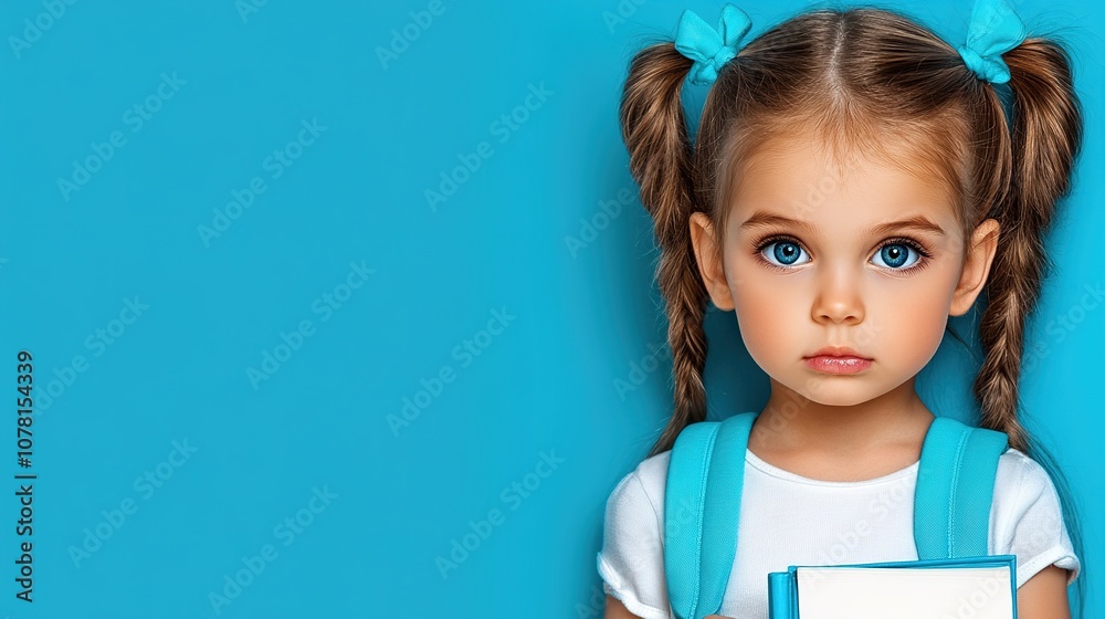 Young girl with blue eyes holding a book in front of a vibrant blue background, showcasing innocence, curiosity, and a love for learning, perfect for education-related themes. Young girl with blue eyes holding a book in front of a vibrant blue background, showcasing innocence, curiosity, and a love for learning, perfect for education-related themes.