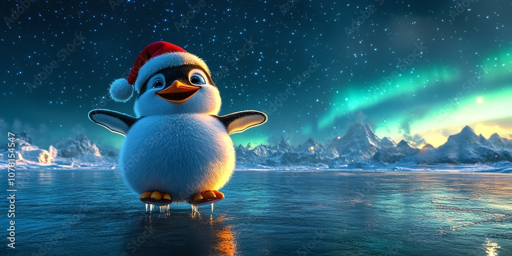 Obraz premium A cheerful penguin in a Santa hat stands on a frozen lake with a starry night sky and aurora borealis in the background.
