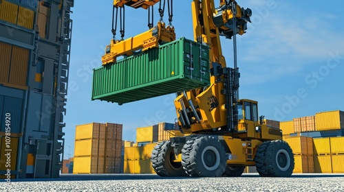 A yellow forklift lifting a green shipping container in a busy industrial yard.