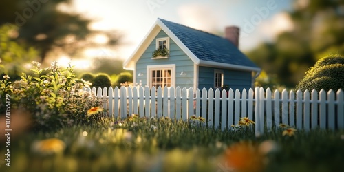 A small, charming house with a white picket fence, seen from a tilted angle. photo