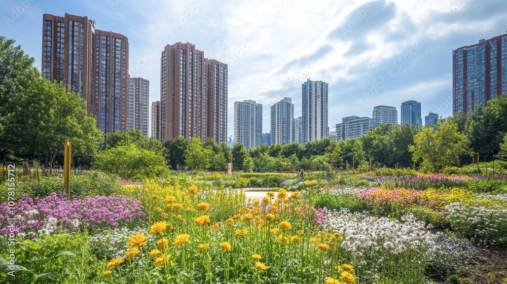 Fototapeta premium Vibrant Urban Garden with Skyscrapers in Background