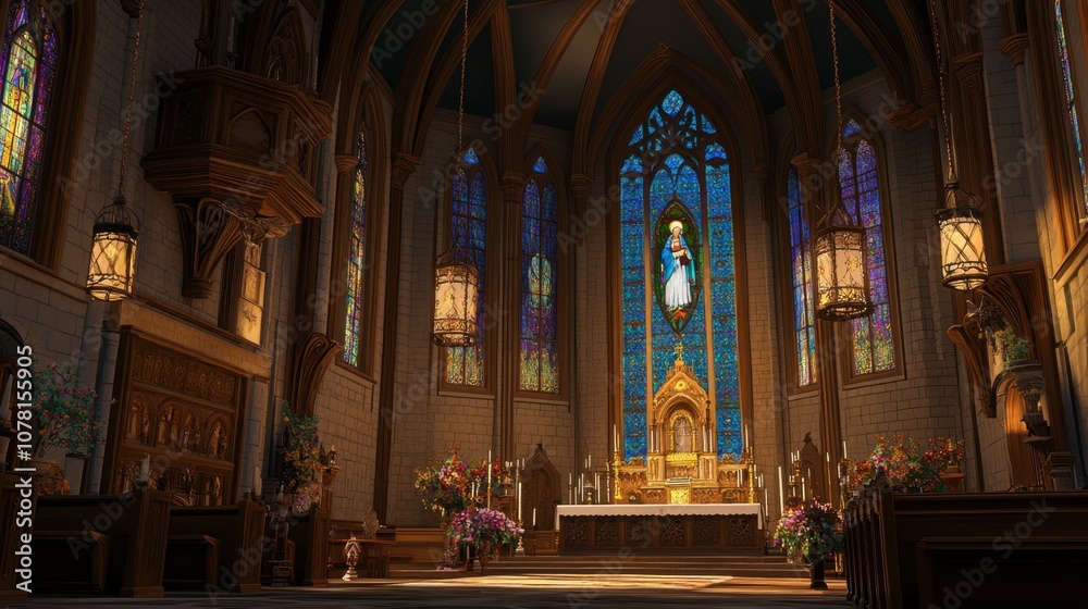 Fototapeta premium Serene Interior of a Stained Glass Chapel