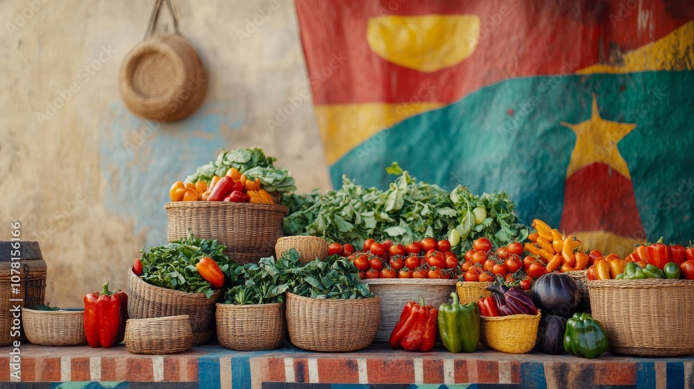Fototapeta premium a colorful farmer’s market stall displaying Ghanaian produce like tomatoes, peppers, and leafy greens, surrounded by handmade baskets and Ghana’s flag, perfect for Farmer’s Day,