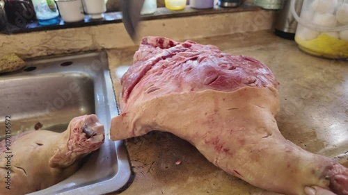 Woman scoring pork leg with knife for roasting preparation in rural Dominican Republic. Close up establishing view photo