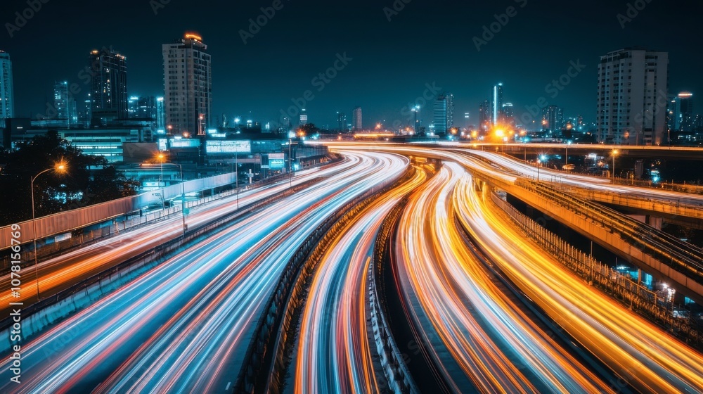 Nighttime Cityscape with Light Trails on Highway Nighttime Cityscape with Light Trails on Highway