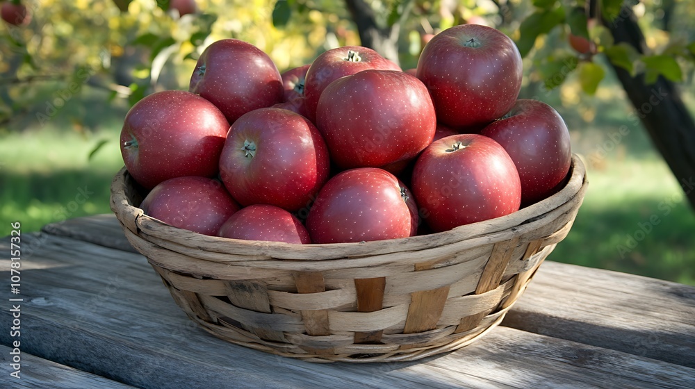 A basket filled with fresh red apples, placed on a wooden surface in a natural setting. A basket filled with fresh red apples, placed on a wooden surface in a natural setting.