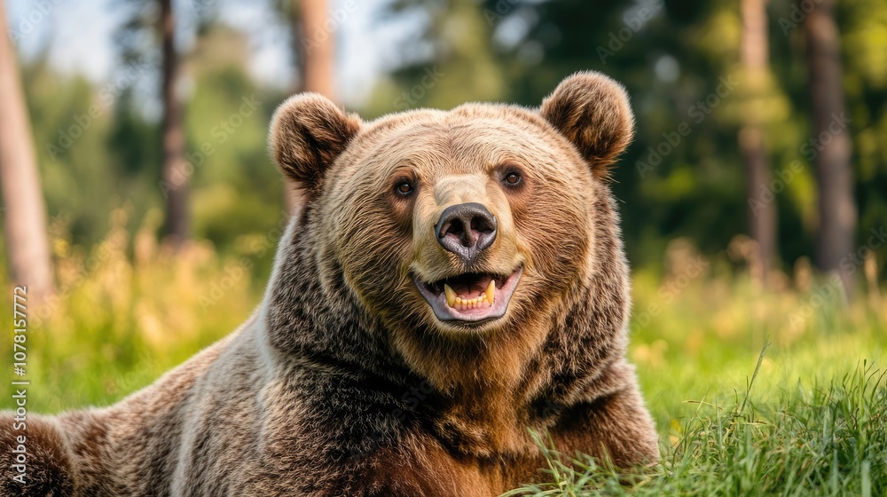 Obraz premium A large brown bear looks directly at the camera with a friendly smile. It's a beautiful wild animal, enjoying the peace of the forest.
