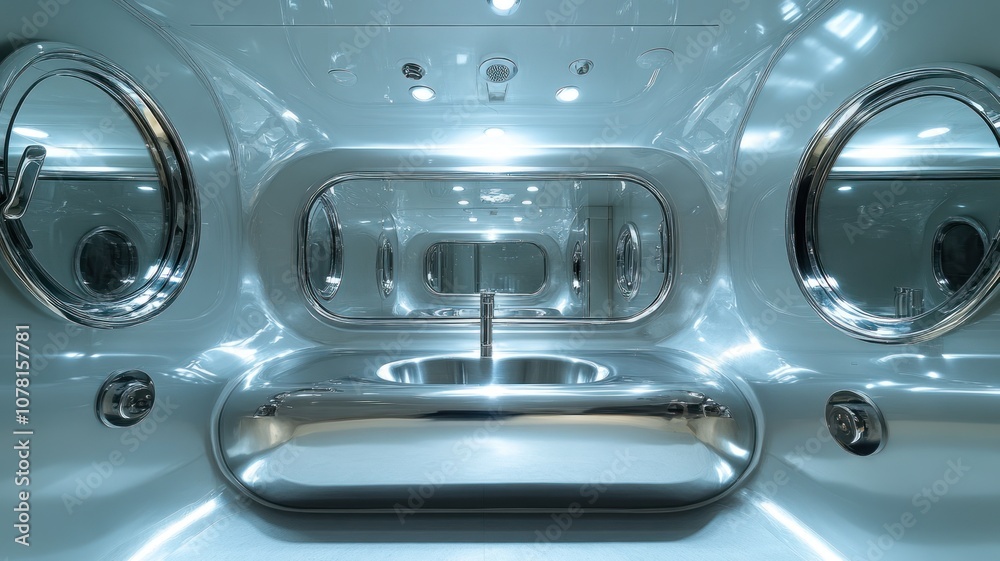 Obraz premium Sleek, modern bathroom interior with metallic fixtures and lighting.