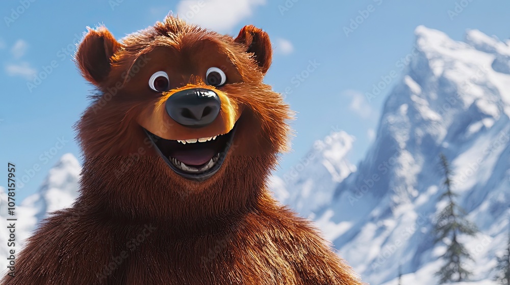 A friendly brown bear smiles happily against a backdrop of snow-capped mountains. A friendly brown bear smiles happily against a backdrop of snow-capped mountains.