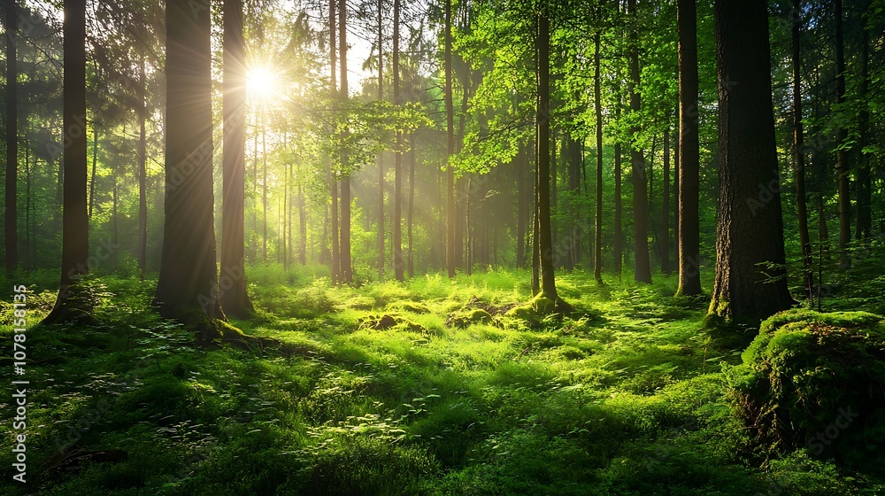Fototapeta premium A serene forest scene with sunlight filtering through trees, illuminating lush greenery and ferns.