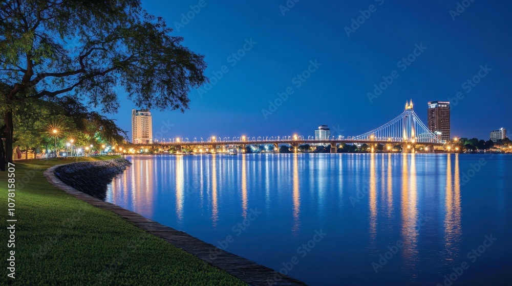 Fototapeta premium Serene Night View of Cityscape and Bridge Reflections