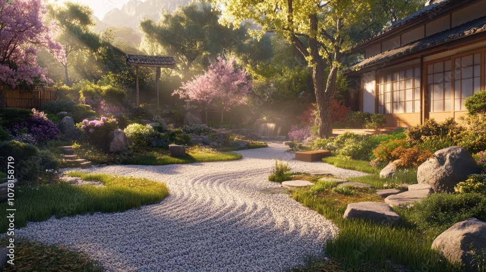Serene Japanese Garden with Blossoming Cherry Trees Serene Japanese Garden with Blossoming Cherry Trees