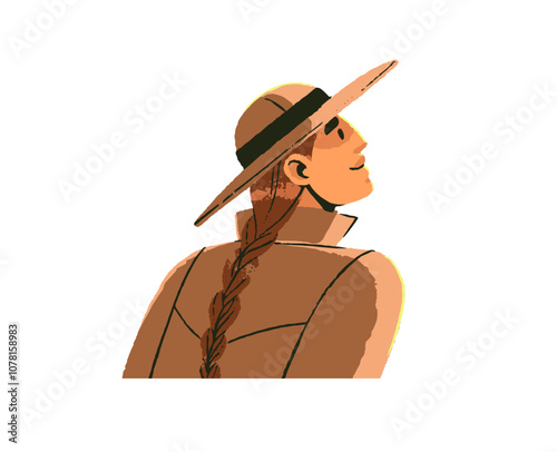 Woman zoologist in summer hat looks up back view. Happy explorer discovers nature. Girl biologist or botanist discovery in hiking, travel. Flat isolated vector illustration on white background