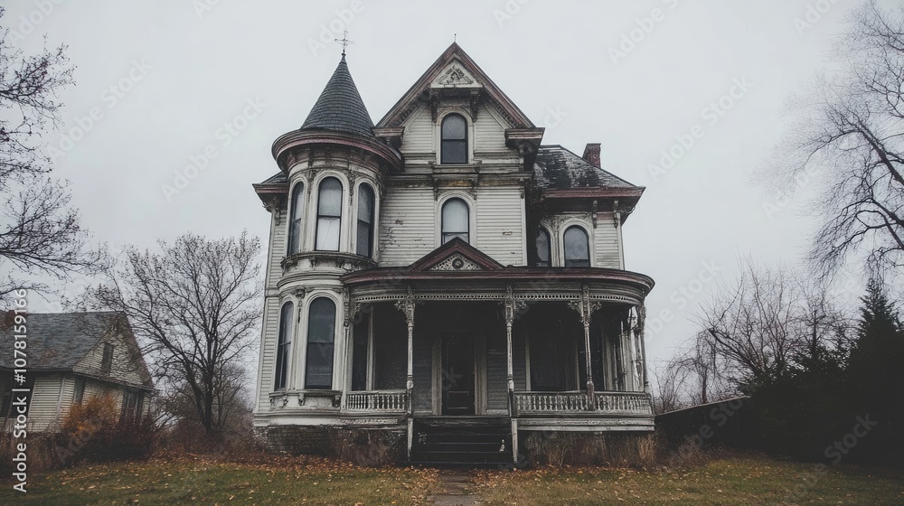 An old, white, Victorian house with a tower, on a cloudy day. The house has a large porch, and the yard is covered in dead leaves.
