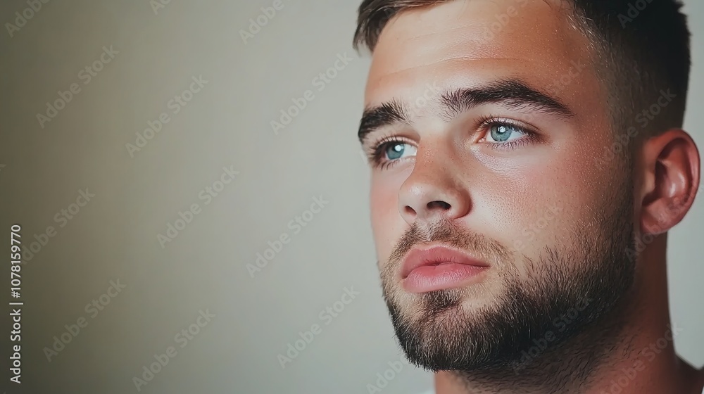 Introspective Young Man with Blue Eyes and Beard Against a Soft Background, Capturing Emotion and Depth in a Natural Light Setting Introspective Young Man with Blue Eyes and Beard Against a Soft Background, Capturing Emotion and Depth in a Natural Light Setting