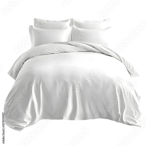 White bed with messy sheets on transparent background, png.