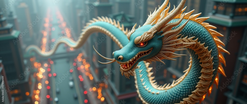 Blue and gold dragon with glowing eyes flying over a city street. Futuristic fantasy concept in urban environment Blue and gold dragon with glowing eyes flying over a city street. Futuristic fantasy concept in urban environment