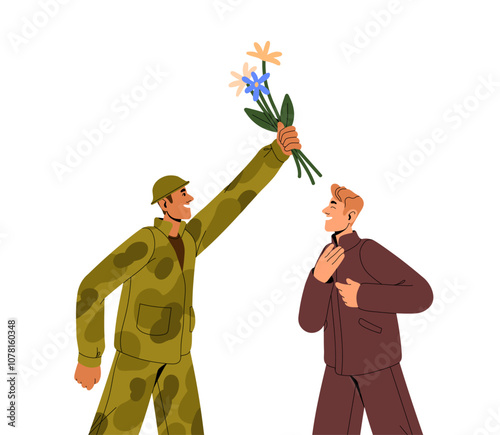 Happy people celebrate end of war. Person thanks soldier for peace, gave flowers. Defender with bouquet congratulates, rejoices for present. Flat isolated vector illustration on white background