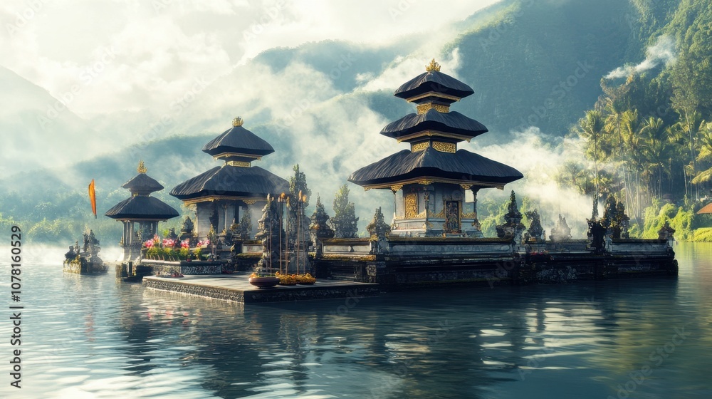 Obraz premium Serene Temple on the Water Surrounded by Mountains