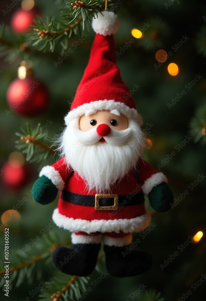 Plush santa claus ornament on artificial pine branch Plush santa claus ornament on artificial pine branch
