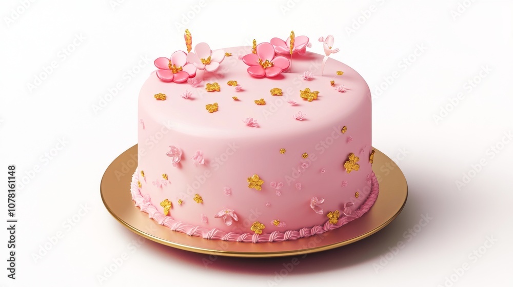 3.A 3D-rendered birthday cake vector icon featuring a tall, round cake with vibrant pink frosting, scattered with delicate sugar flowers and gold accents. The cake sits on a smooth plate with a 3.A 3D-rendered birthday cake vector icon featuring a tall, round cake with vibrant pink frosting, scattered with delicate sugar flowers and gold accents. The cake sits on a smooth plate with a