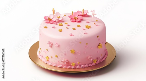 3.A 3D-rendered birthday cake vector icon featuring a tall, round cake with vibrant pink frosting, scattered with delicate sugar flowers and gold accents. The cake sits on a smooth plate with a