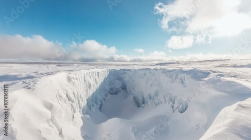 A vast snowy landscape with a deep crevasse under a bright blue sky.