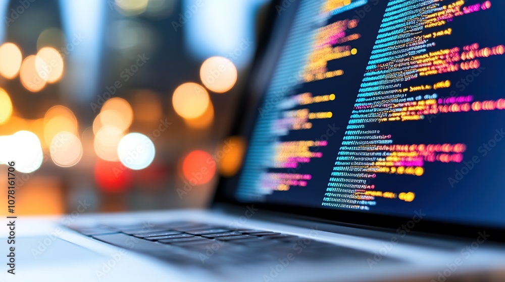 Colorful Digital Code Displayed on Laptop Screen with Blurred City Lights in the Background, Showcasing Technology, Programming, and Modern Workspace Aesthetics Colorful Digital Code Displayed on Laptop Screen with Blurred City Lights in the Background, Showcasing Technology, Programming, and Modern Workspace Aesthetics
