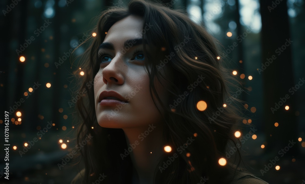 Pensive woman in a magical forest Pensive woman in a magical forest