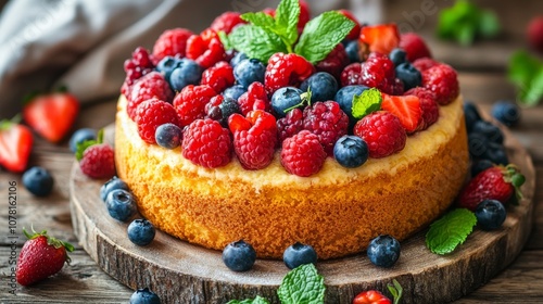 31.A delicious sponge cake placed on a rustic wooden table, topped with a generous amount of fresh berries, including strawberries, blueberries, and raspberries. Mint leaves are scattered around the