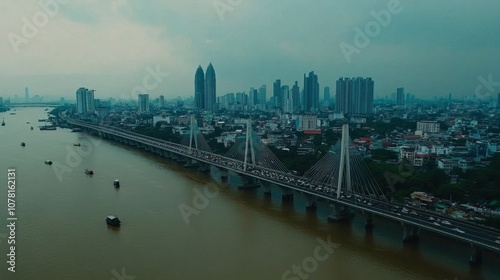 Aerial View of Urban Cityscape with River and Bridge