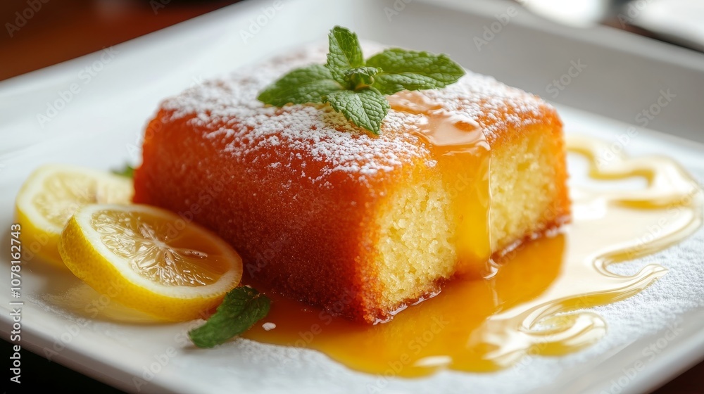 28.A fresh lemon cake resting on a white plate, with a glossy lemon glaze dripping down the sides. The cake's golden edges are visible, with small crumbs scattered on the plate. A garnish of fresh 28.A fresh lemon cake resting on a white plate, with a glossy lemon glaze dripping down the sides. The cake's golden edges are visible, with small crumbs scattered on the plate. A garnish of fresh