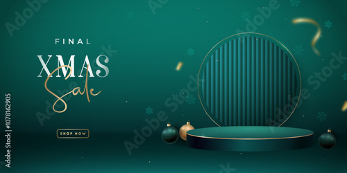 Elegant Christmas sale banner with podium and ornaments