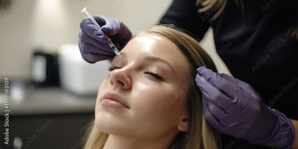 Closeup beauty treatment: woman receiving forehead cosmetic injection anti-aging skin care Closeup beauty treatment: woman receiving forehead cosmetic injection anti-aging skin care