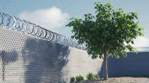 Tree Behind Barbed Wire Fence in Open Landscape photo